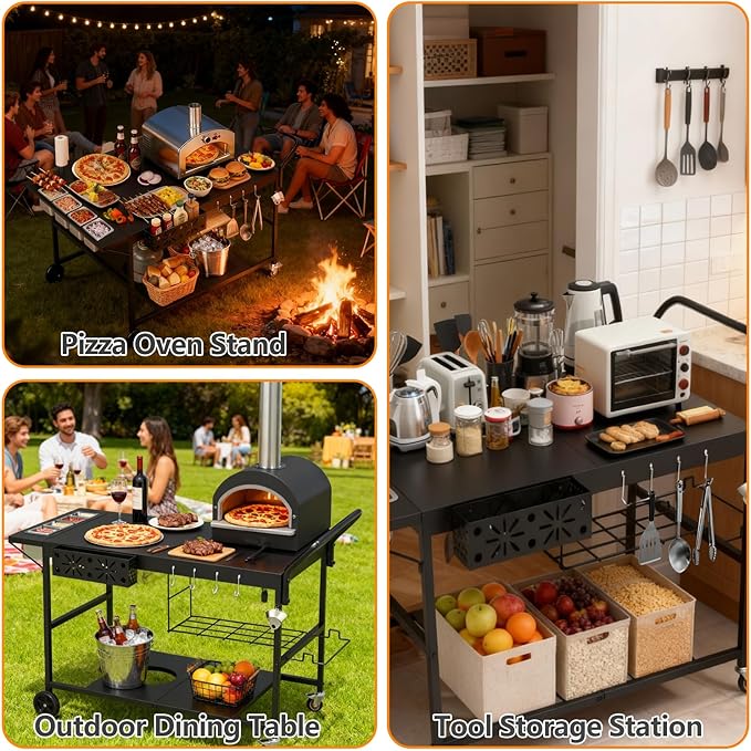 Pizza Oven Table with Topping Station, Outdoor Pizza Oven Cart, Grill Cart Table for Blackstone Griddle, Pizza Prep Station with Storage & Seasoning Tray, for Ninja, Cuisinart, Gozney