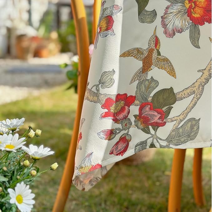 Rectangle Outdoor Tablecloth, Waterproof Table Cloth, Bird Floral Pattern Decorative Fabric Table Cover for Farmhouse, Dining, Picnic, Party, Easter, 60 x 84 Inch, Red Flower