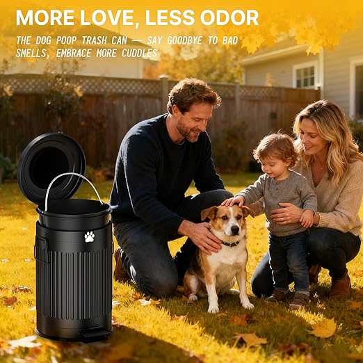 Dog Poop Trash Can Outside, 20L/5Gal Metal Outdoor Trash Can with Lid, Foot Pedal, Dog Waste Container with 20 Bags, Pet Poop Bucket with Soft Close for Backyard Odor Control, Round Black