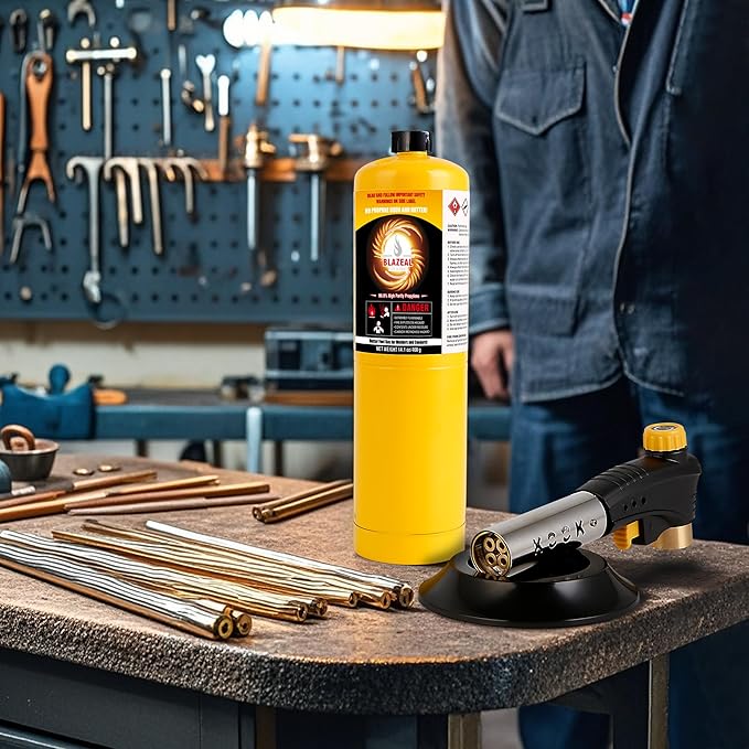 BLAZEAL Propane Torch Kit with 3x MAPP Gas,4-Flame Blow Torch Head with Propane Tank Base for MAP Gas,Work in All Angle,Trigger Start Torch Gun for Welding Brazing Soldering Grill Camping Cooking Food