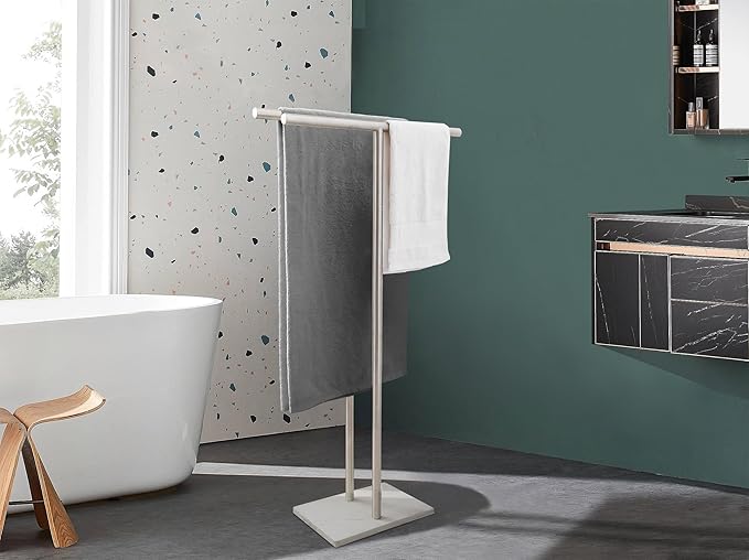 40.3 Inch Standing Towel Rack Bath Sheet Holder with Marble Design Base for Bathroom Floor 2 Tier Towel Holder Stand 304 Stainless Steel Brushed Nickel(Same Height)