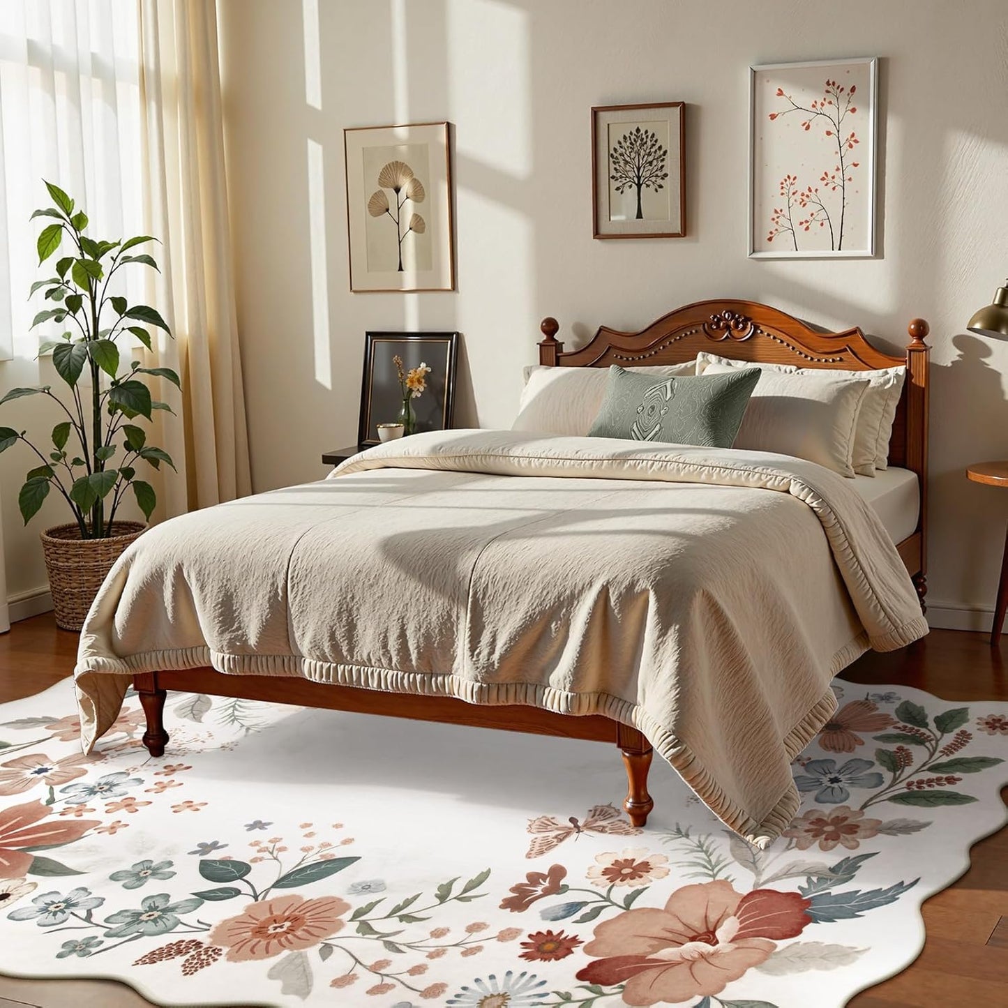 Beeiva Living Room Rugs 8x10 - Scalloped Floral Printed Soft Non Slip Washable Flower Rug for Bedroom Under Bed Boho Aesthetic Rugs Stain Resistant Large Carpet for Nursery Dorm(Beige,8x10ft)