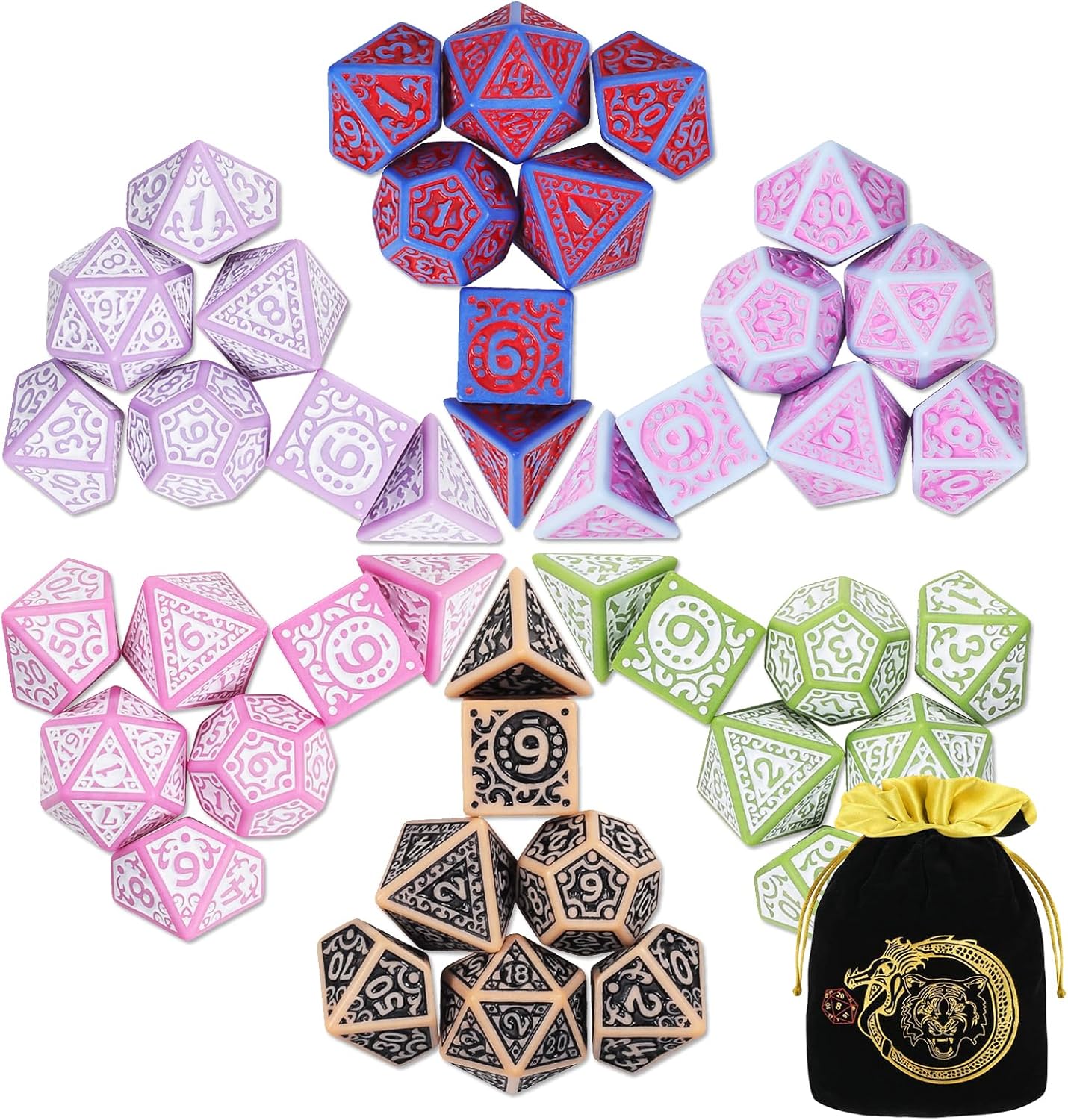 CiaraQ DND Polyhedral Dice Set (42pcs) with A Gold Pattern Drawstring Bag for Dungeons and Dragons RPG MTG Table Games. 6 Sets Fantasy Role Playing Dice