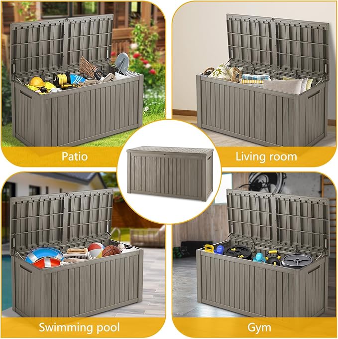 150 Gallon Deck Box, Resin Outdoor Indoor Waterproof Storage Box, Lockable Storage Box With Handle for Patio Furnitures - Garden Tools - Swimming Pool Tools UV-Resistant, Grey