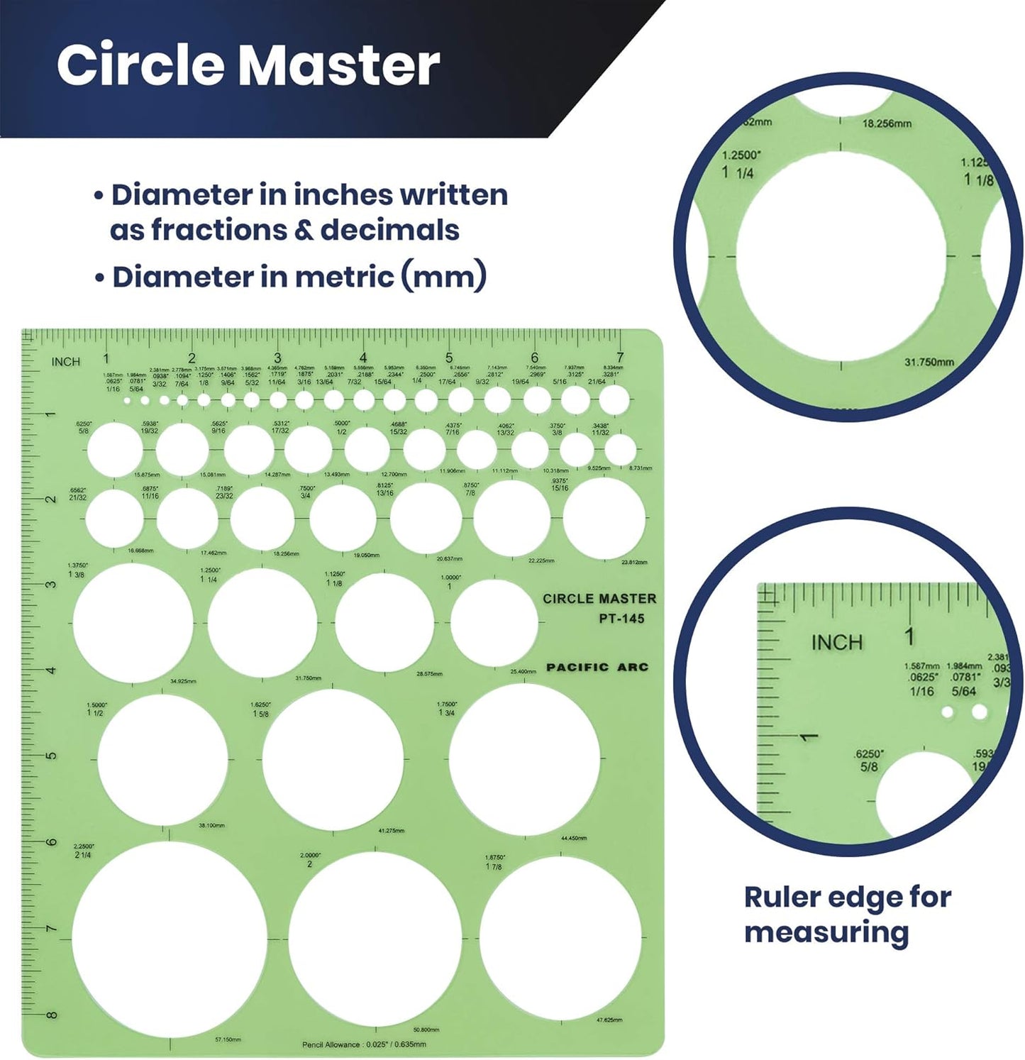Pacific Arc Professional Circle Guide Template, 45 Total Circle from 1/16 Inch to 2.25 Inch with Inch Graduations