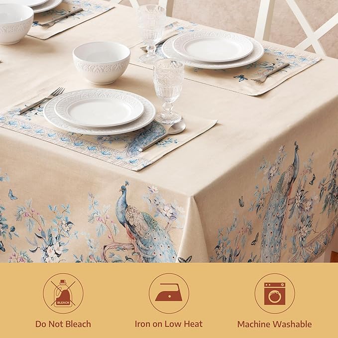 Maison d' Hermine Premium Table Cloth Square Table 100% Combed Cotton 70 x 70 Inches Tablecloth Reusable Decorative for Dining Room, Farmhouse, Party, Festive & Wedding - Peacock Utopia - Sandy Beach