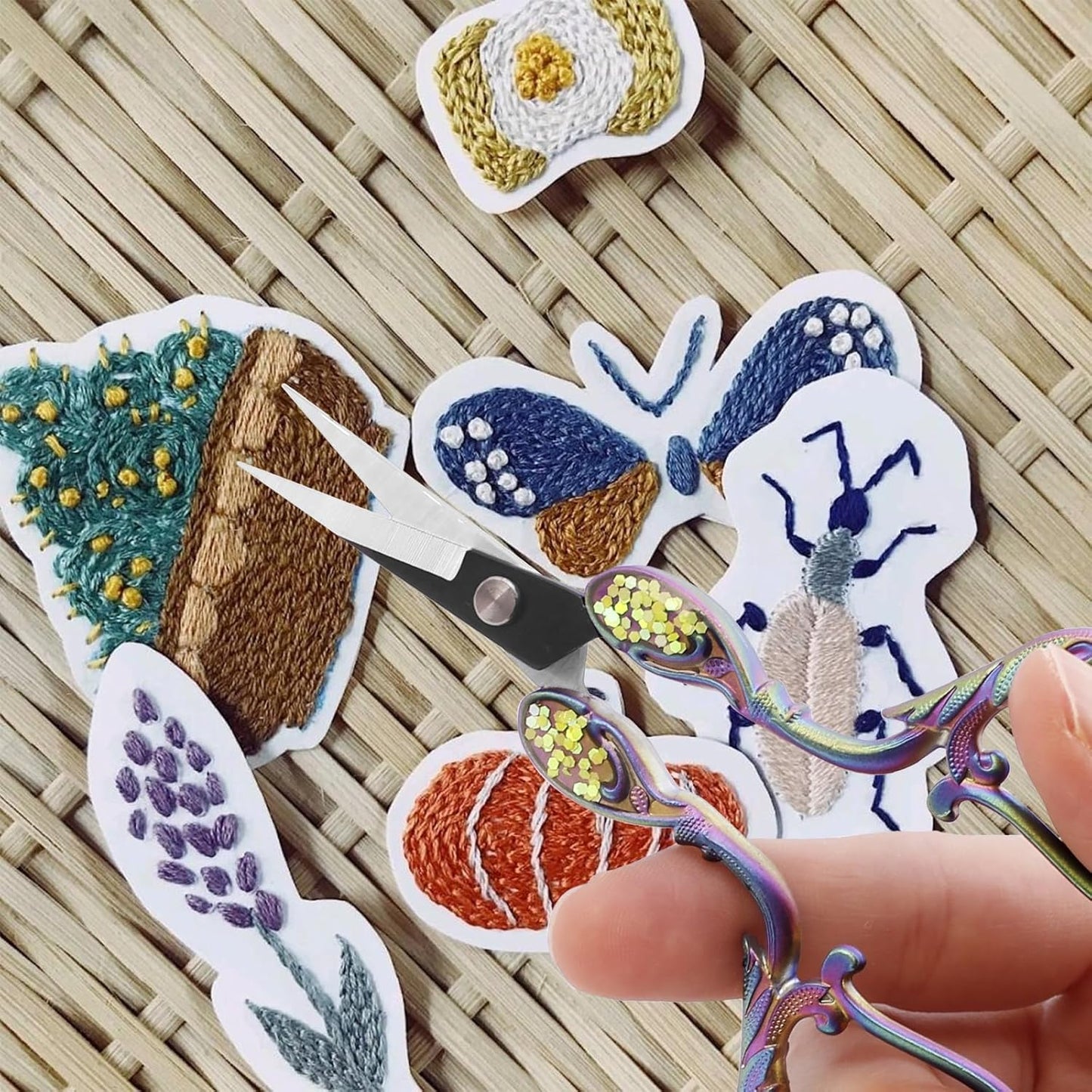 BIHRTC Small Embroidery Scissors 4.5 Inch with Artificial Leather Cover Stainless Steel Shears Mini Rainbow Flower Scissors for Handicraft DIY Tool Crafting Cross Stitch Handcraft