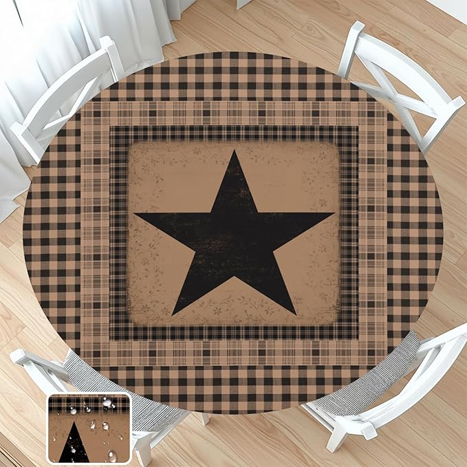 Western Texas Star Round Fitted Tablecloth with Elastic Vintage Black Brown Plaid Circle Table Cover for 44-48" Round Tables Stretch Waterproof Rustic Country Table Cloth for Kitchen Dining Patio