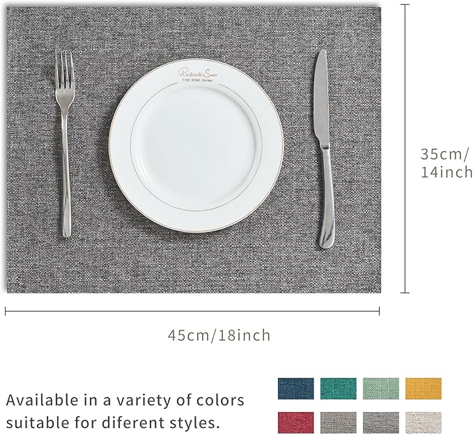 BALCONY & FALCON Placemats Set of 6 Faux Linen Cloth Place Mats Washable Waterproof Wrinkle Resistant Table Placemats for Dining Kitchen Farmhouse Indoor & Outdoor Use(Gray, 13.8”x 17.7”