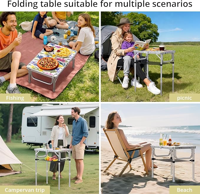 Anbte 2ft Folding Camping Table, 3 Adjustable Height Max 27.5" Small Folding Table with Storage Net Lightweight & Portable with Carry Handle, for Outdoor Indoor Camping Beach BBQ RV, Blooming Floral