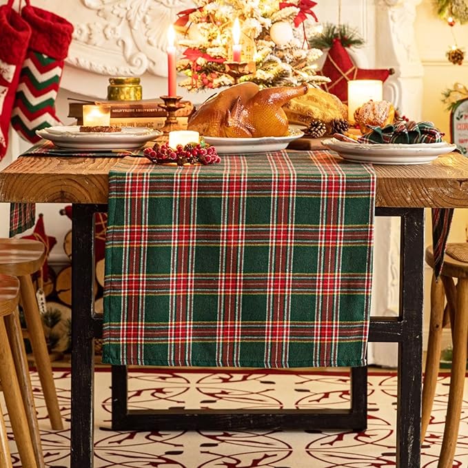 Green Red Plaid Christmas Table Runner, Winter Holiday Table Runners 108 inches Long Xmas Decorations Indoor Outdoor Farmhouse Home Kitchen Dining Party Decor
