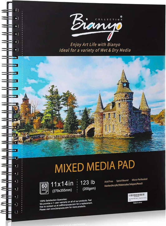 Bianyo Mixed Media Paper Sketchbook, 11" X 14", 60 Sheets/Each, 123 LBS/200 GSM, Spiral-Bound Pad, Perforated, Ideal for Wet & Dry Media Like Marker, Watercolor, Acrylic, Pastel, Pencil