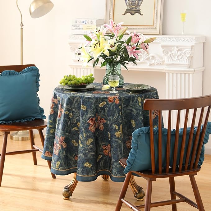 patdrea Designer Dark Blue Linen Round Tablecloth,Vintage French Rustic Floral Pattern Tablecloths,Decorative Table Cover Cloth for Kitchen,Dining,Tea Party,Home,Christmas,Diameter 55"