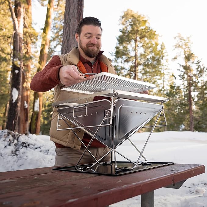 Explorer Bear 20" Stainless Steel Foldable Takibi Fire & Grill with Carrying Bag, Bridge, and Coal Bed | Portable Wood Burning Grill and Fire Pit | Perfect for Camping, Outdoors, Patios