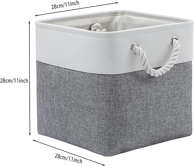 11 x 11 Inch Cube Storage Bins, 6 Pack Large Collapsible Fabric Storage Bin with Ropes, Foldable Storage Cubes for Home, Office,Closet, Clothes, Toys Organizer (White & Grey-11"x11"x11")