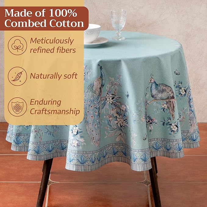 Maison d' Hermine Premium Table Cloth Round Table 100% Combed Cotton 70" Diameter Inches Tablecloth Reusable Decorative for Dining Room Home Party Festive Wedding - Peacock Utopia - Pastel Turquoise