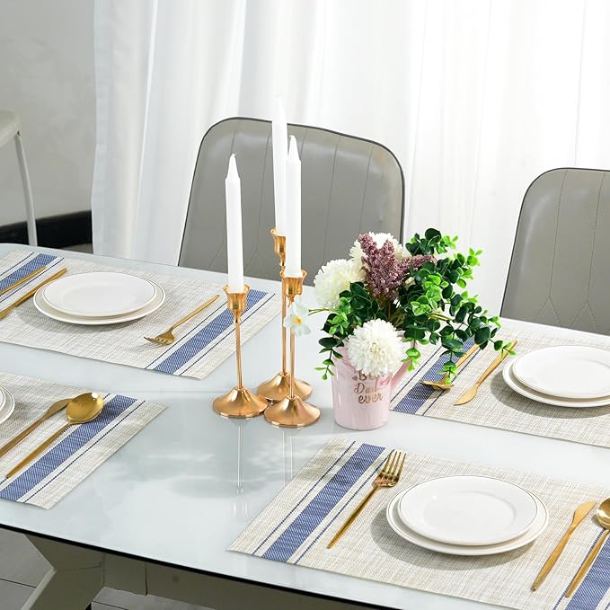 Placemats Set of 12，Non-Slip PVC Weave Table Mats Easy to Clean，Heat Resistant Place Mats for Kitchen Dining Table Decoration Indoor Outdoor，Khaki Blue