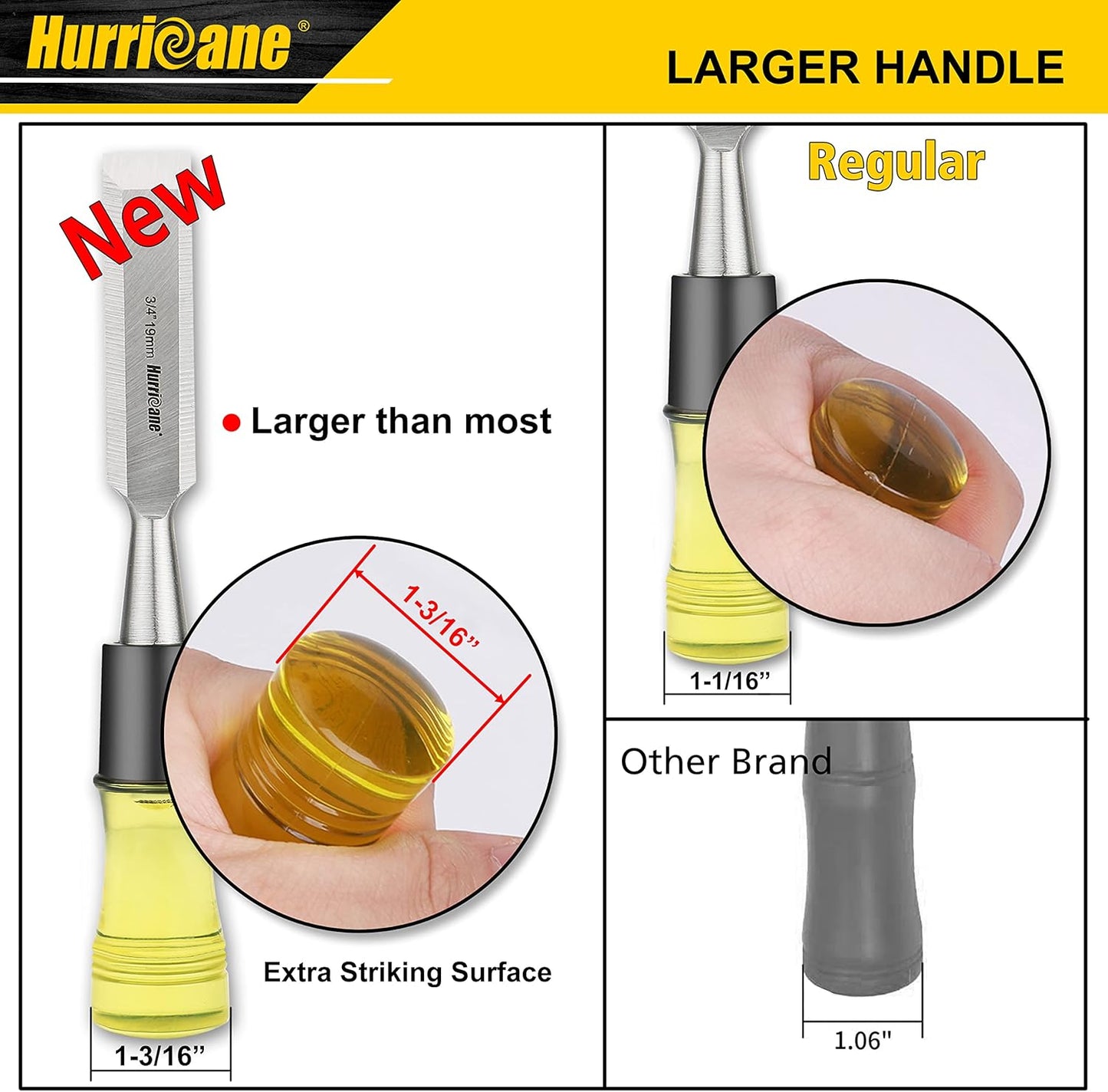 HURRICANE 4 Piece Wood Chisel Set for Woodworking. CR-V Steel Beveled Edge Blades with Safety Caps. Extra Large Grip, Impact-Resistant PVC Handle Chisels (1/4", 1/2", 3/4", 1")