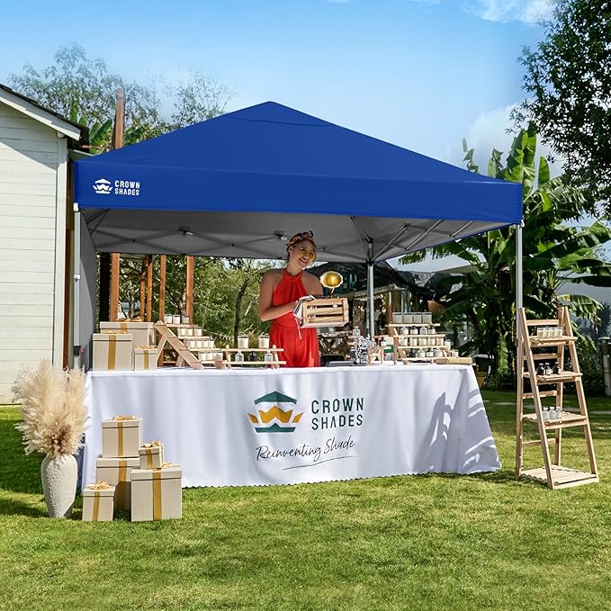 CROWN SHADES 8x8 Pop Up Canopy with 1 Side Wall - Beach Tent with One Push Setup - Outdoor Sun Shade for Events, Parties, Camping - Gazebo with STO-N-Go Cover Bag (Navy Blue)