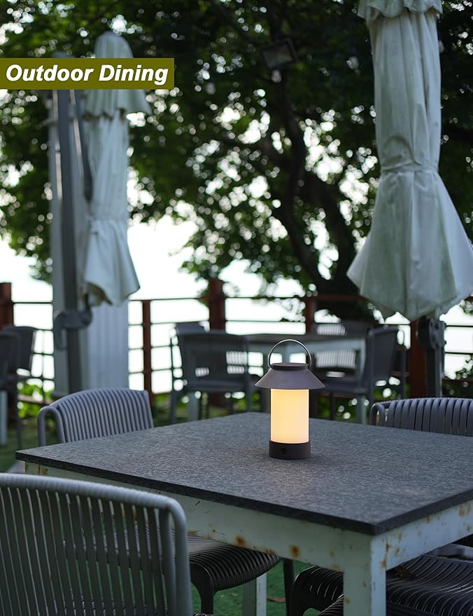 Rechargeable Outdoor Lantern Waterproof, Dimmable Warm White & Flickering Flame Mood Light, Portable Cordless Table Lamp for Patio/Camping/Shower/Emergency Power Outage (Coffee)