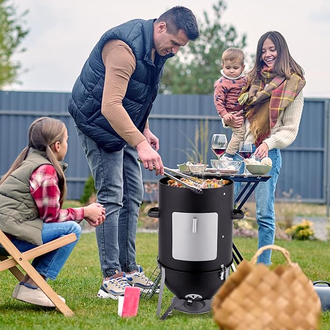 4-Tier 3-in-1 Vertical Charcoal Grill, BBQ Charcoal Smoker with Built-in Thermometer, Air Vent, and Access Doors, Perfect for Camping, Picnics, Backyard BBQs, and Tailgating Parties
