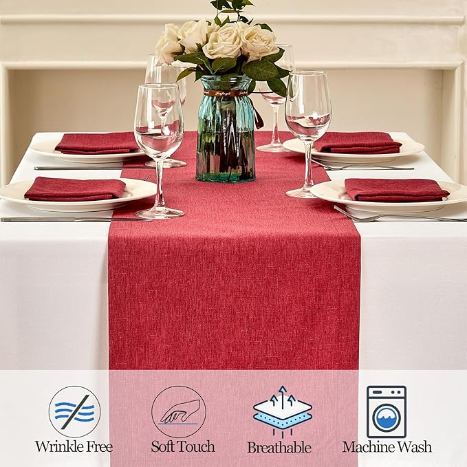 Mebakuk Linen Farmhouse Table Runner Large Burlap Style Soft and Waterproof Decorative Fabric Runner for Outdoor Wedding and Dinner (14 x 120 Inch, Red)