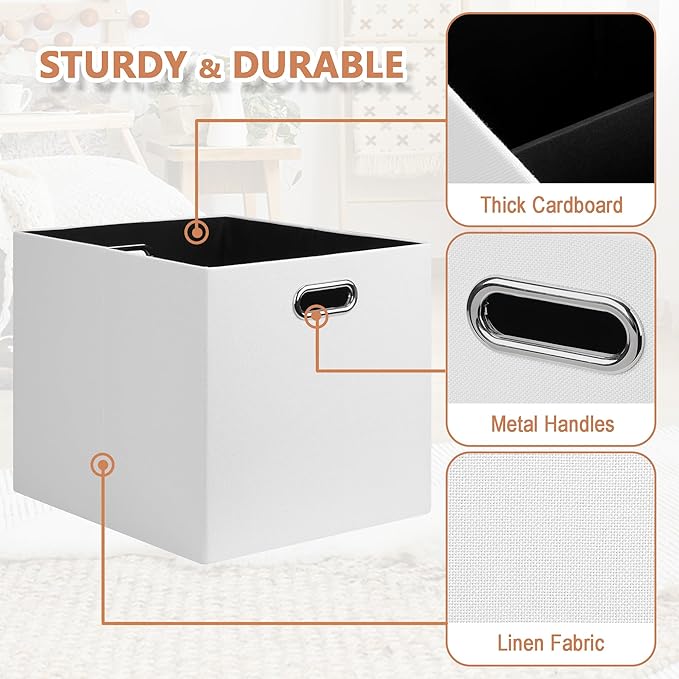 Posprica 13x15x13in Collapsible Storage Bins, Fabric Foldable Cube Storage Boxes, Decorative Storage Baskets Organizer for IKEA Kallax, Shelves, Closet, Clothes, Toy, Set of 4-White