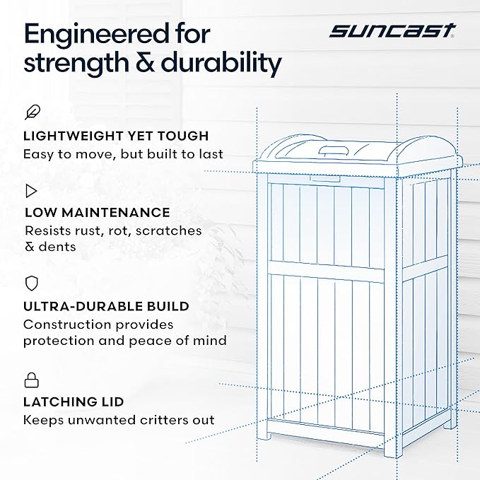 Suncast 33 Gallon Durable Plastic Hideaway Outdoor Garbage Can with Secure Lid and Wicker Design for Home Backyards, Decks, or Patios, Java Brown