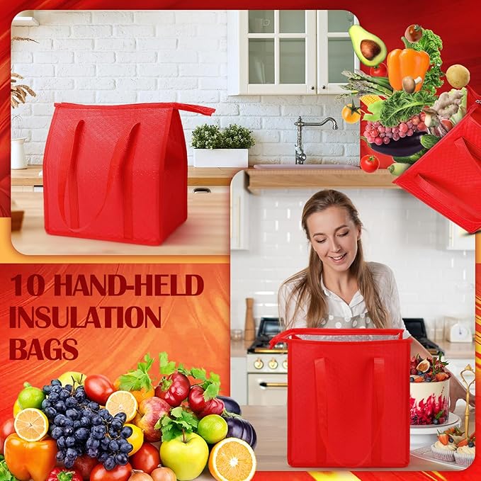 10 Pack Large Insulated Grocery Bags Reusable Shopping Bags with Zippered Top 13 x 12 x 7 Inch Thermal Cooler Totes Bulk with Handles for Hot Cold Food Delivery Refrigerator(Red)