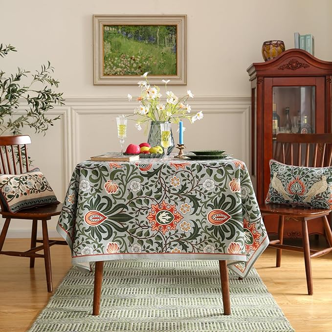ISAENNE Designer Bohemian Linen Green Small Square Tablecloth,Floral Indoor Table Cloth,Stain Resistant Decor Tablecloths for Dining Thanksgiving Kitchen Party Christmas,55"*55"-Naples