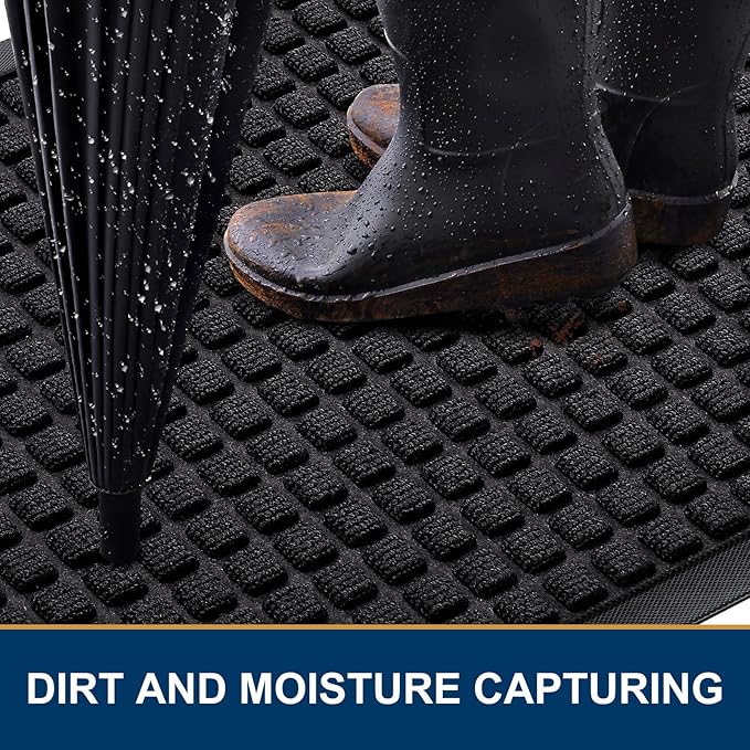 Smiry Front Door Mat Outside Entrance, Heavy Duty Natural Rubber Doormat, Non Slip, Trap Dirt and Moisture, Easy Clean, Low Profile Welcome Floor Mats for Indoor Outdoor Entry, 59x34 Inch, Black