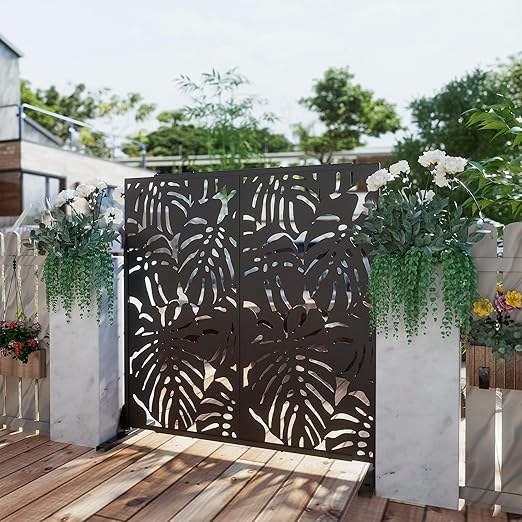 Casaphoria 72" H x 47" W Metal Outdoor Privacy Screen, Freestanding Decorative Divider for Patio, Deck, Balcony, and Garden with Stable Base, Black-Summer