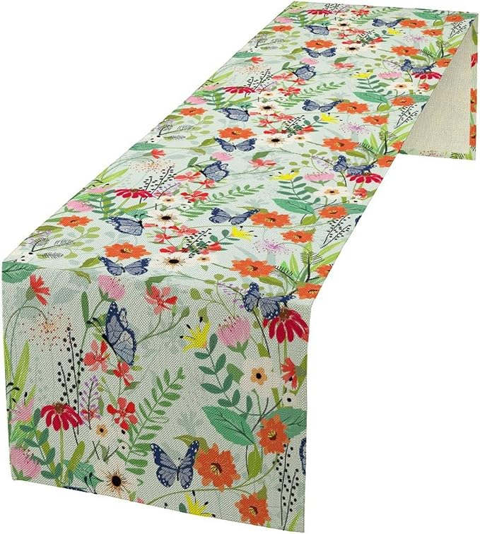 Butterfly Table Runner, Colorful Wildflower Butterfly Spring Table Runner for Holiday Kitchen Dining Home Party Outdoor 13x90in