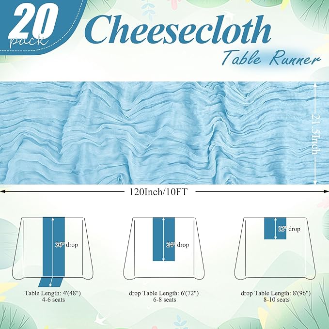 20 Packs Cheesecloth Table Runner 10FT Long Boho Gauze Fabric Table Runner Vintage Rustic Sheer Runners for Wedding Party Bridal Baby Shower Table Decorations (Light Blue )