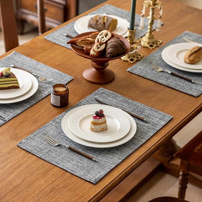KXN Placemats Set of 4, Dual-Layer Thickened Faux Linen Table Mats, Heat Resistant & Wrinkle-Free, Machine Washable Cloth Place Mats for Kitchen Dining Indoor Outdoor (Light Gray)