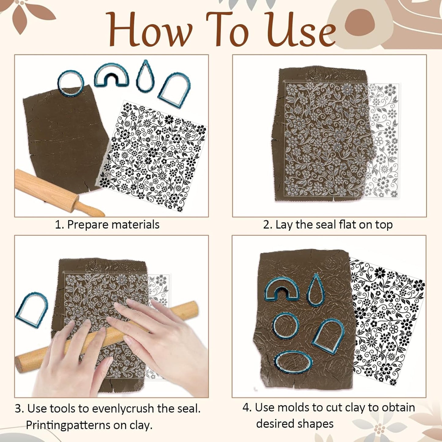 CHGCRAFT Vine Flowers Pattern Polymer Clay Texture Sheet Curly Plants and Leaves Silicone Texture Mat for Polymer Clay Making Earrings Jewelry DIY Crafts 5.5 × 5.5 Inch