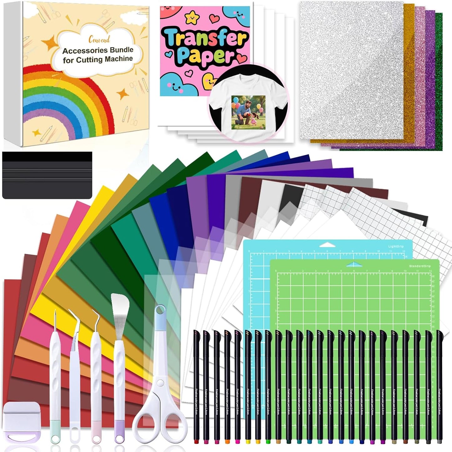 The Ultimate Accessories and Supplies Bundle for Cricut Makers and All Explore Air - The Starter Kit with Weeding Tools, Glitter Vinyl, Permanent Vinyl, Transfer Paper for Crafting Projects