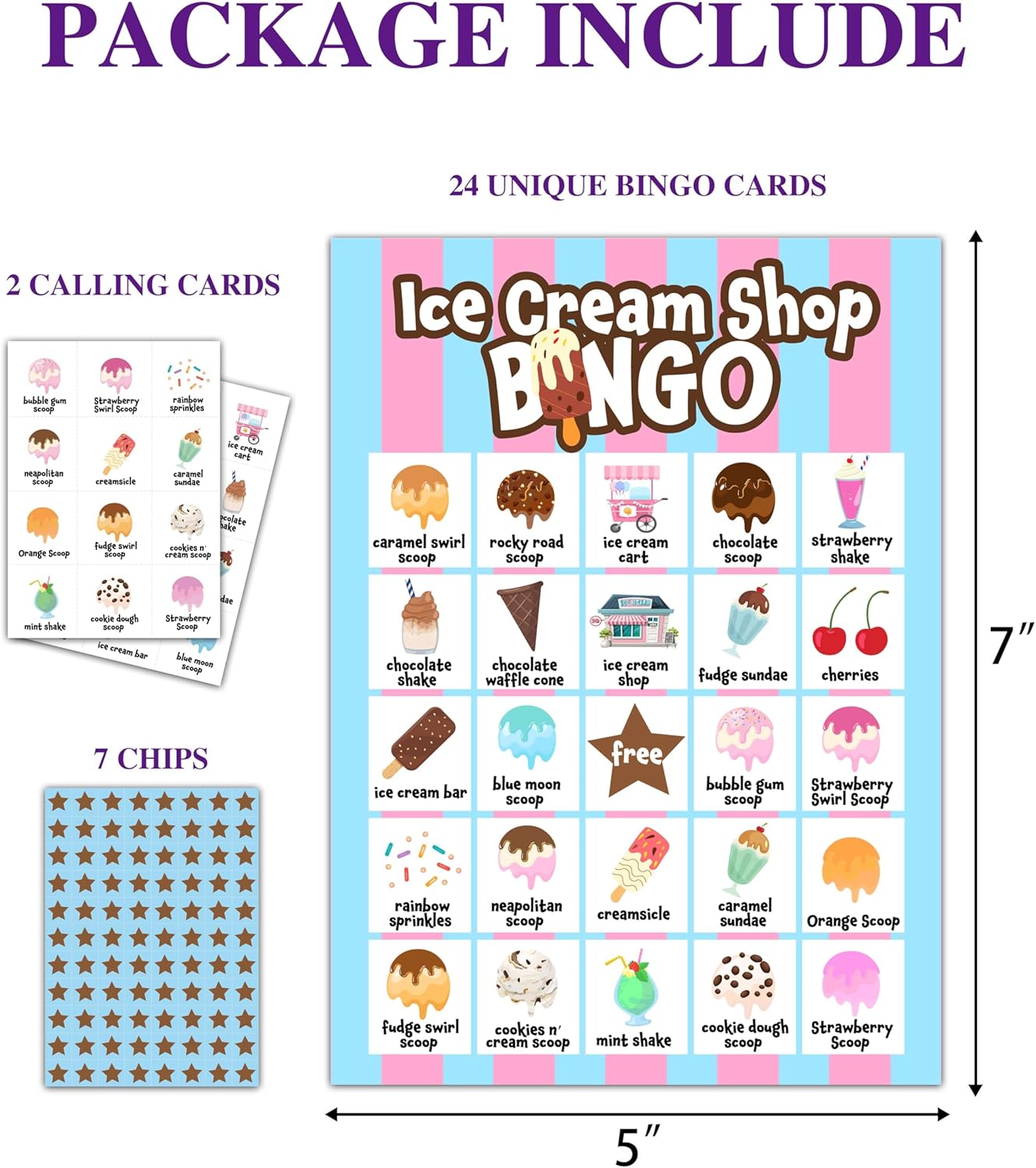 Summer Party Games - Ice Cream Bingo Cards for Adults, Baby Shower Games, 24 Players