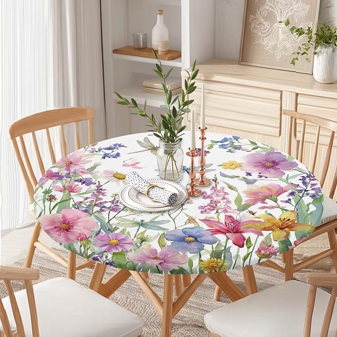 Spring Summer Floral Round Fitted Tablecloth with Elastic Wildflower Dragonfly Circle Table Cloth for 36-40" Tables Farmhouse Easter Flowers Stretch Waterproof Table Cover for Picnic Outdoor Dining