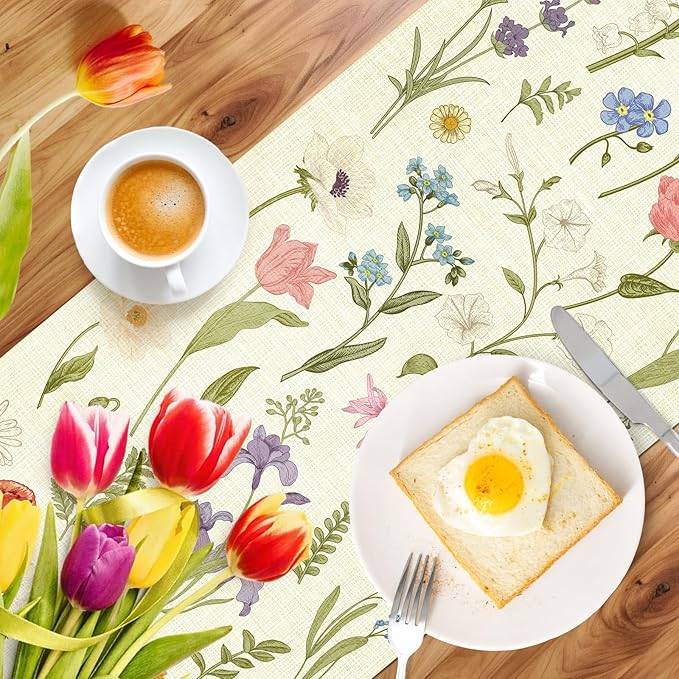 Summer Flower and Leaf Table Runner Seasonal Holiday Anniversary Indoor Outdoor Home Kitchen Table Party Decor (Colorful Flowers 3, 13×72 Inches)