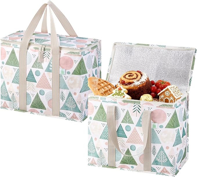 VENO 2 Pack Cooler Bag, Insulated Grocery Bags for Food Delivery, Collapsible Cooler, Reusable Shopping Bags for Groceries, Hard Bottom, Zippered, Foldable, Christmas Pattern (Pastel Forest, 2 Pack)