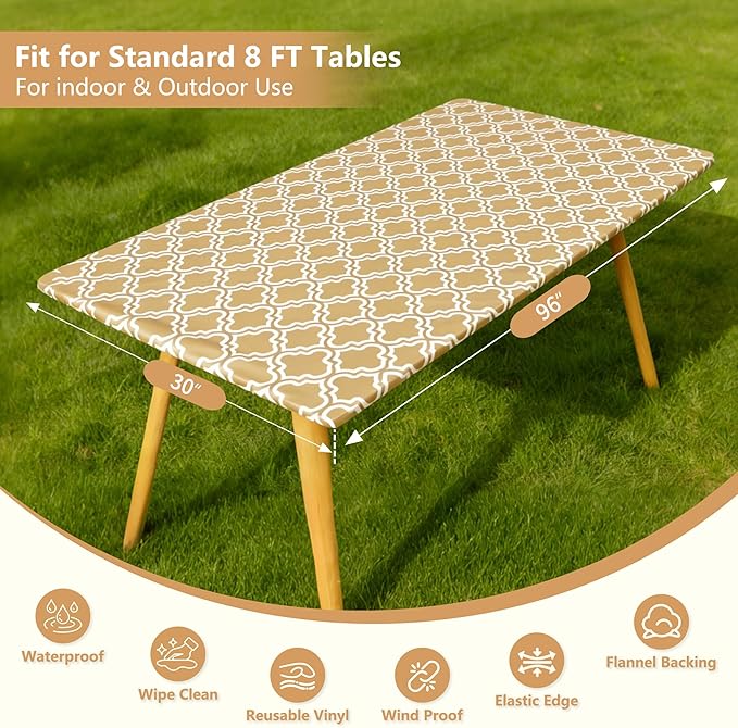 Rectangle Picnic Table Cloth, Elastic Waterproof Fitted Vinyl Tablecloths for 8 Foot Tables, Wipeable Flannel Backed Table Covers for Dining, Camping, Outdoor(Khaki,30"x96")