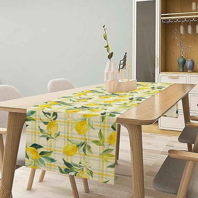 Yellow Plaid Lemon Table Runner Nature Watercolor Plant Countryside Farm Fruit Aesthetic Dining Table Decoration for Home Holiday Party Dresser Kitchen Cabin Restaurant Wedding Decor 13×120in