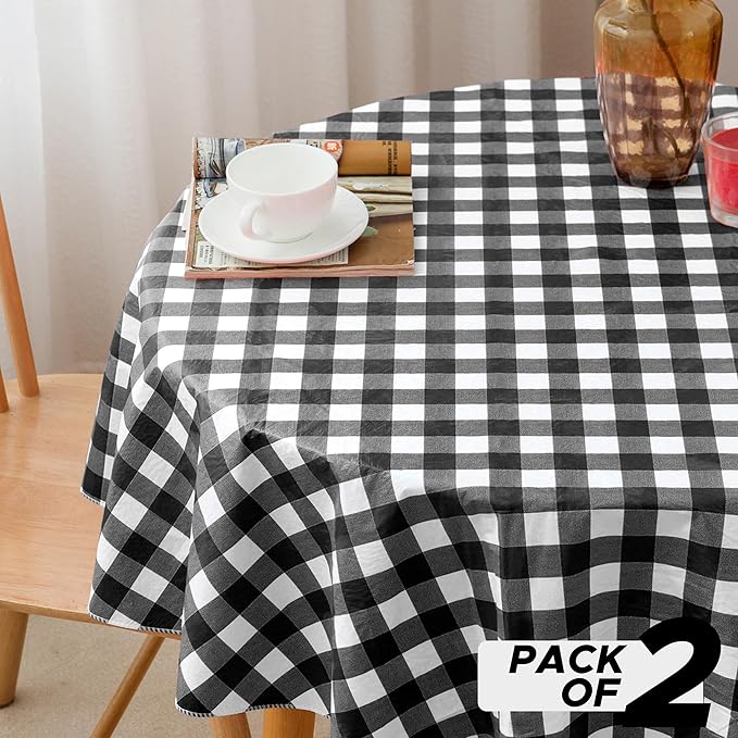Nasitos 2 Pack Checkered Round Tablecloth 60 Inch-Waterproof Oil & Spill Proof Washable Wipeable Table Cloth, Black and White Plastic Table Cover Flannel Backed for Dining, Party, Outdoor, Picnic