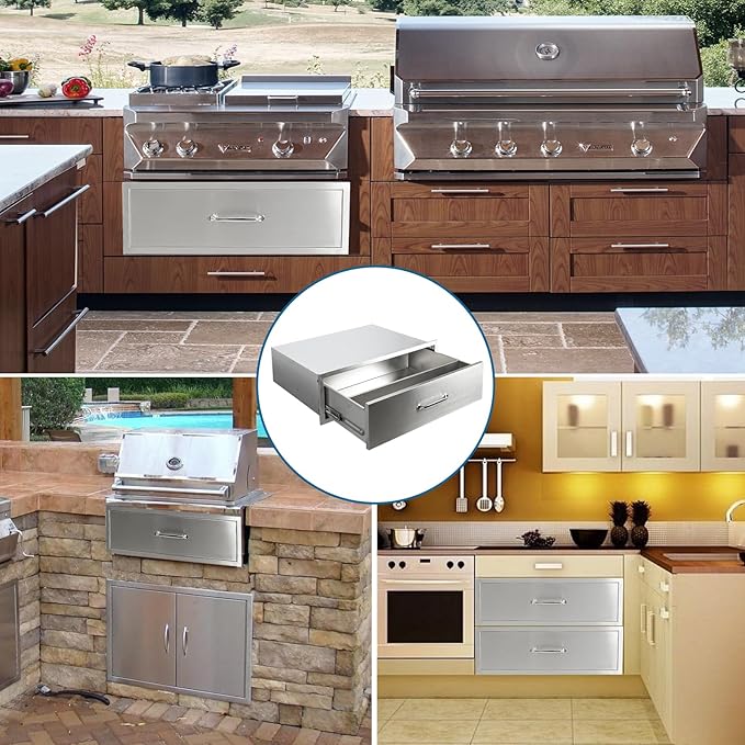 Outdoor Kitchen Drawers 30"Wx10"Hx23"D Flush Mount Access Single Drawer BBQ Stainless Steel Drawers with Handle for Outdoor Kitchen Island or Grill Station