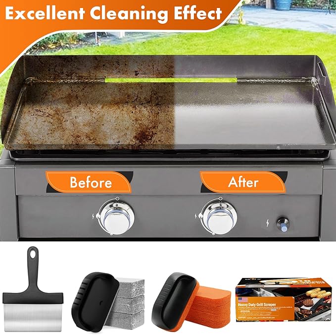 MEKER Griddle Cleaning Kit for Blackstone, Flat Top Grill Cleaning Kit with Grill Stone, Upgraded Scouring Pads & Griddle Scraper & Brush with Handle - Easy to Remove Stain (10 PCS)