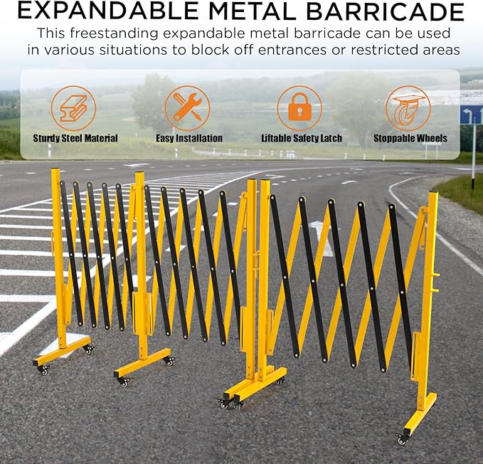 TECSPACE Industrial Expandable Metal Barricade, Expansion Size 16.4 FT, Yellow and Black,Durable Steel Safety Barricade with casters, Flexible Mobile Barrier Gate, Adjustable Traffic Fence