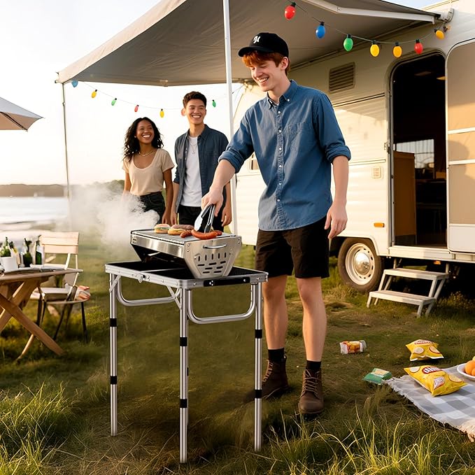 Anbte 2ft Folding Grill Table, Adjustable Height Max 27.5" Aluminum Camping Table, Heat-Resistant Tabletop, Lightweight, Portable Handle for Travel Cooking BBQ Picnic, 22.8" x 16", Silver