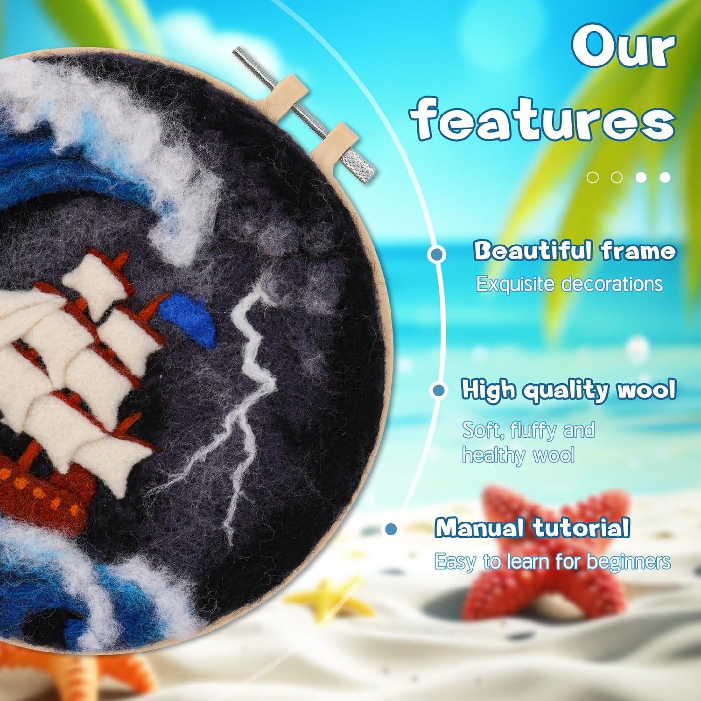 QMNNMA Needle Felting Kits, Wool Felting Kit with Picture Frame, Foam Pad, Felt Cloth, and Instructions, Needle Felt Painting Kit for Home Decoration (Sea Waves and Sailboats)