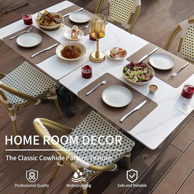 Cowhide Pattern Faux Leather Placemats Set of 6,Heat Resistant Non-Slip Waterproof Wipeable Washable Kitchen Dining PU Table Place Mats,Double-Sides Available,Dark Brown